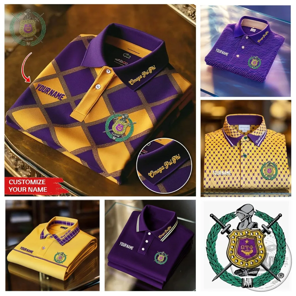 Omega Psi Phi Fraternity Personalized Purple and Gold Diamond Pattern Polo Shirt Omega Psi Phi Fraternity Personalized Purple and Gold Diamond Pattern Polo Shirt