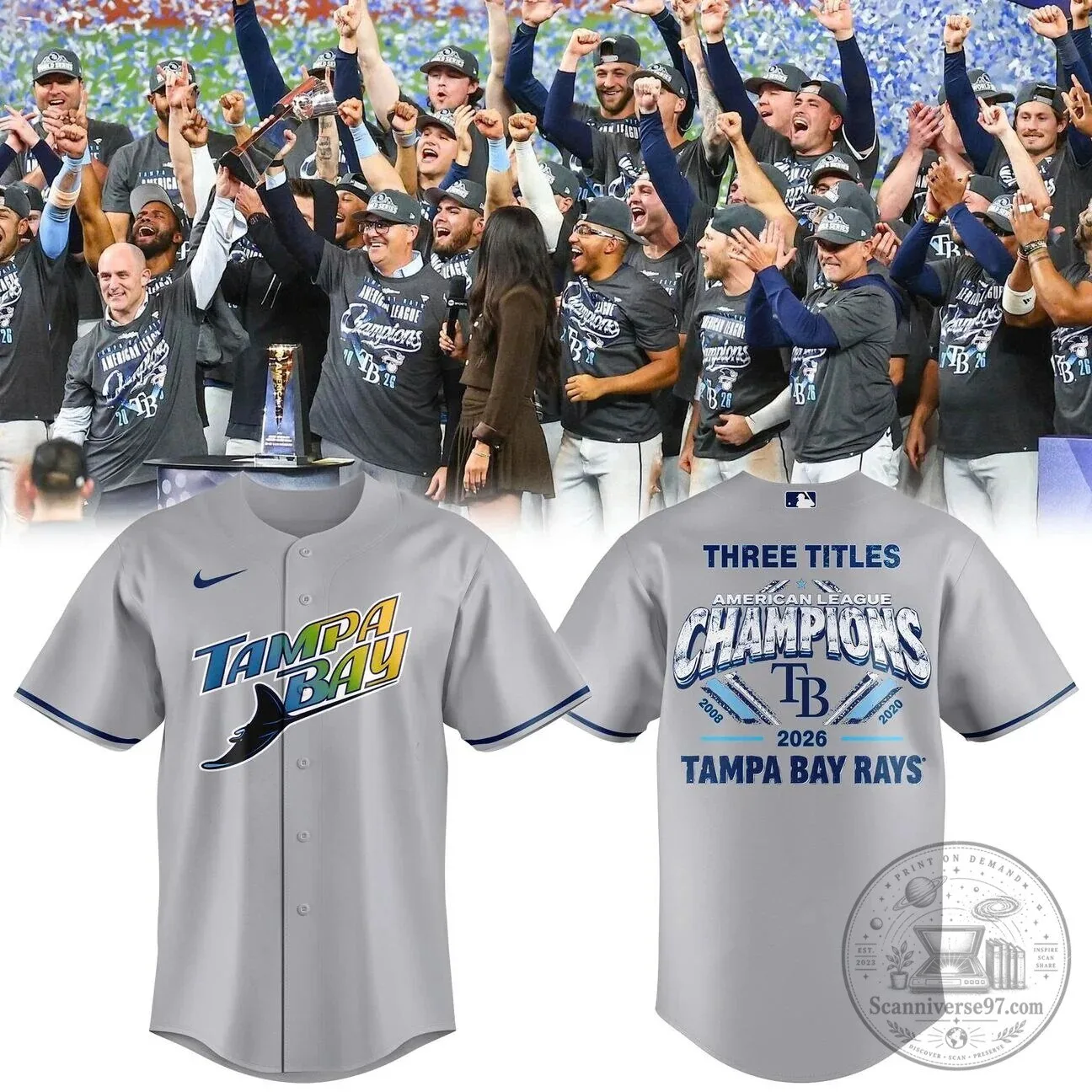 Tampa Bay Rays Three Titles American League Champions Gray Baseball Jersey